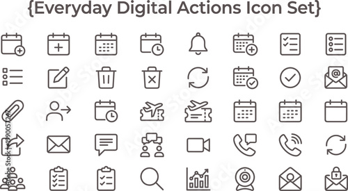 Everyday Digital Actions Icon Set Outline Style with Interface Controls File Management Communication Scheduling and User Interaction Tools