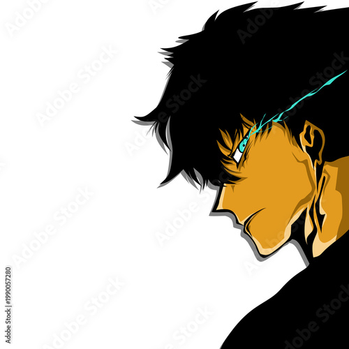 Stylized anime man profile with glowing blue eye, sharp art illustration
