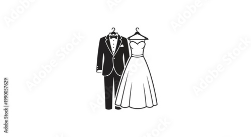 wedding dress and tuxedo hanging together.