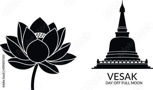 Vesak Day Buddhist festival vector, black lotus flower silhouette and pagoda temple icon, religious full moon celebration graphic elements