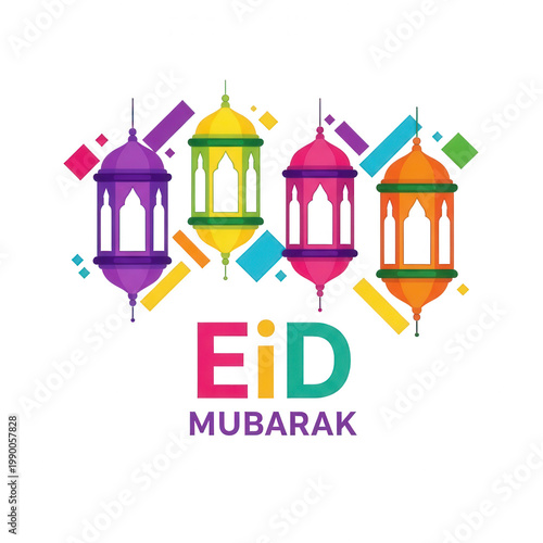 Eid mubarak lanterns in purple, yellow, pink and orange isolated on transparent background