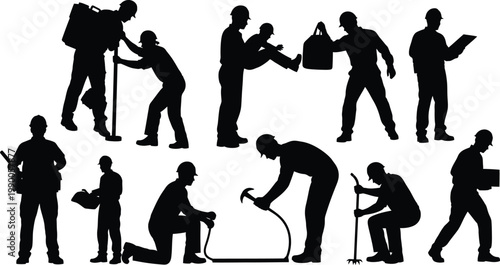 Construction worker silhouettes set, industrial labor and builder vector collection, professional tradesman and engineer figures on white background