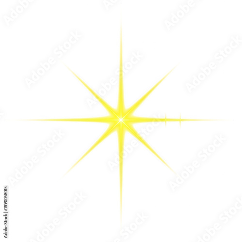 A bright yellow star with eight pointed rays isolated on transparent background