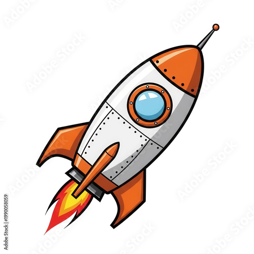 A cartoon rocket ship with orange fins and a blue window isolated on transparent background