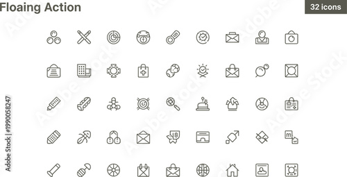 Floating action icon set in minimal outline style for quick interaction mobile apps user controls and interface design elements