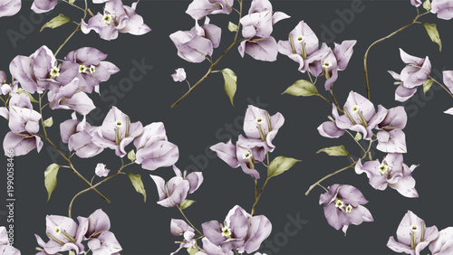Floral seamless pattern featuring watercolor-style pale pink Bougainvillea fl...