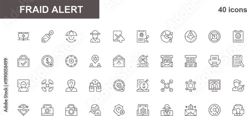 Fraud alert icon set in minimal outline style for security warnings risk detection financial protection and system monitoring interface design