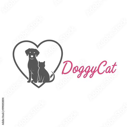 Dog and cat logo with heart symbol isolated on transparent background