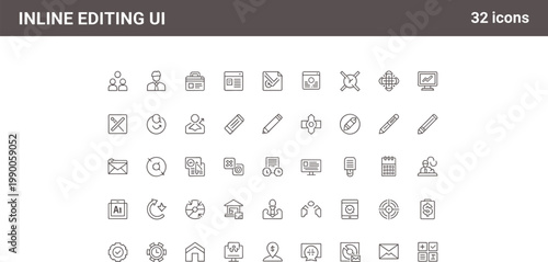 Inline editing UI icon set in minimal outline style for text modification content management and user interface editing tools design