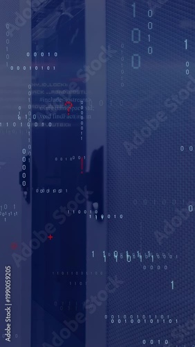 Vertical video: Door panel hosting binary starting, popping red glyphs, revealing code for security