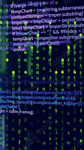 Scrolling source code display revealing JavaScript text at monitor, with green binary overlay