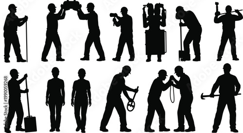 Construction worker silhouettes set, industrial labor and manual worker vector icons, building site personnel with tools and equipment