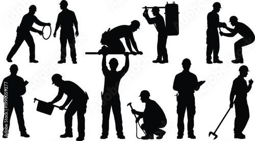 Construction worker silhouettes set, industrial building site laborers and engineers, professional contractor and handyman vector collection