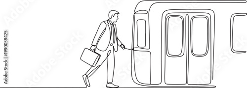 Continuous one line drawing of office worker walking onto subway train, commuting to work by public transport concept. one line art icon drawing vector