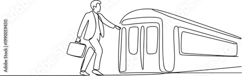 Continuous one line drawing of office worker walking onto subway train, commuting to work by public transport concept. one line art icon drawing vector