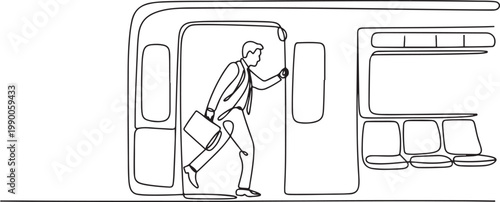 Continuous one line drawing of office worker walking onto subway train, commuting to work by public transport concept. one line art icon drawing vector