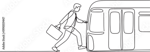 Continuous one line drawing of office worker walking onto subway train, commuting to work by public transport concept. one line art icon drawing vector