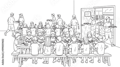 Black and White Line Art Illustration of Children Eating in School Cafeteria