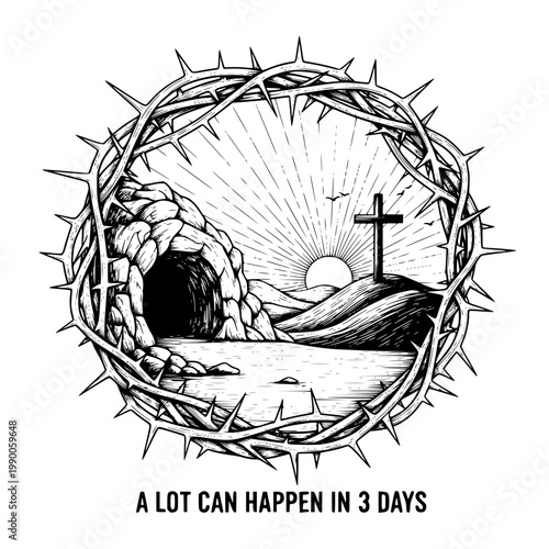 A crown of thorns with a cross and empty tomb Vector, illustration