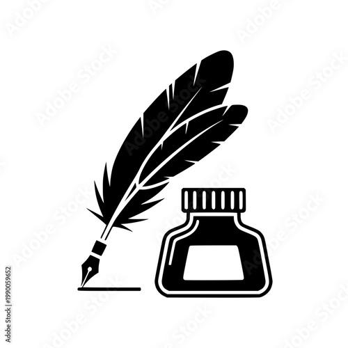 A black feather quill and inkwell on a white background Vector, illustration