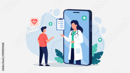 Telehealth medical appointment booking and health consultation via smartphone, flat vector illustration