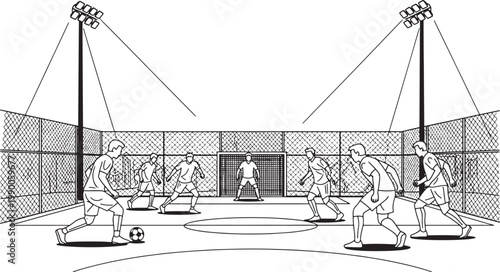 Black and White Vector Illustration of a Competitive Futsal Match in Progress