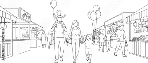 Family Walking Through A Busy Outdoor Street Market Line Art Illustration