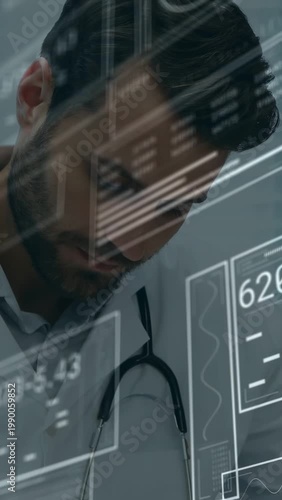 Vertical video: Doctor updating chart with stethoscope hanging as medical data overlay appearing