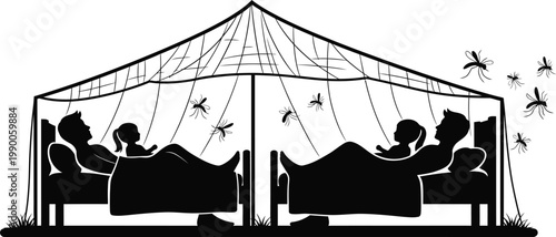 Mosquito net protection for family sleeping in beds, malaria prevention silhouette vector, insect net safety for parents and children