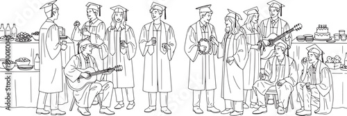 Group of Happy Graduates Celebrating with Music and Refreshments Line Art Illustration