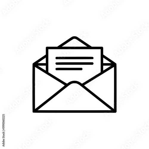 A black and white icon of an open envelope with a letter Vector, illustration