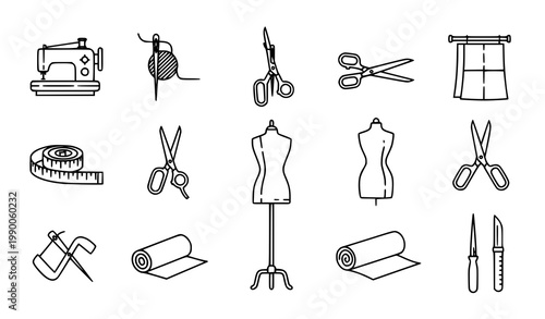 Fashion atelier sewing icons set vector thin line tailor shop equipment needle thread mannequin pictograms isolated white background