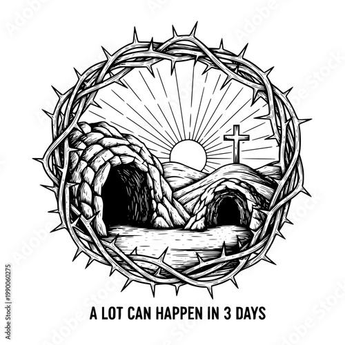 A crown of thorns with a cross and sunrise over a tomb Vector, illustration