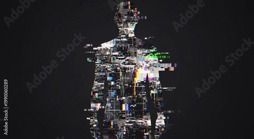 Abstract digital human silhouette composed of glitch art and digital noise, representing artificial intelligence and technology disruption