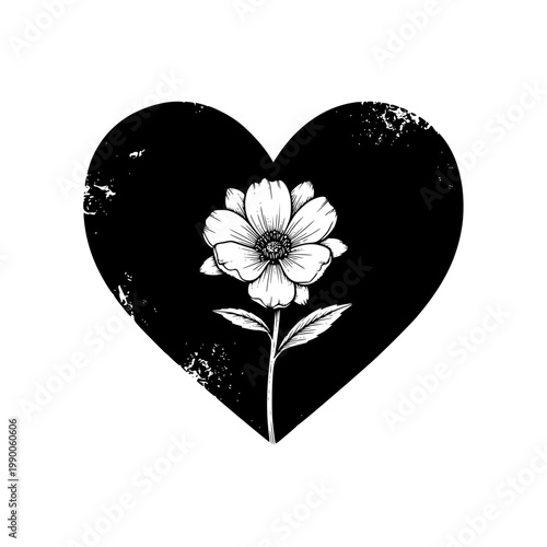 A black heart with a white flower in the center Vector, illustration