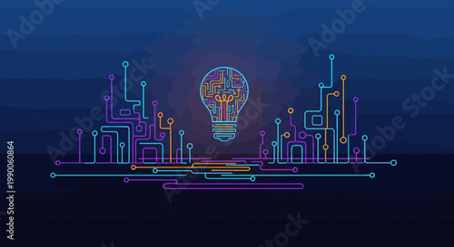 neon lightbulb cityscape circuit board illustration with purple blue and orange lines