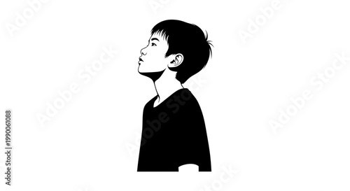 Minimalist black and white vector of a young boy looking upwards