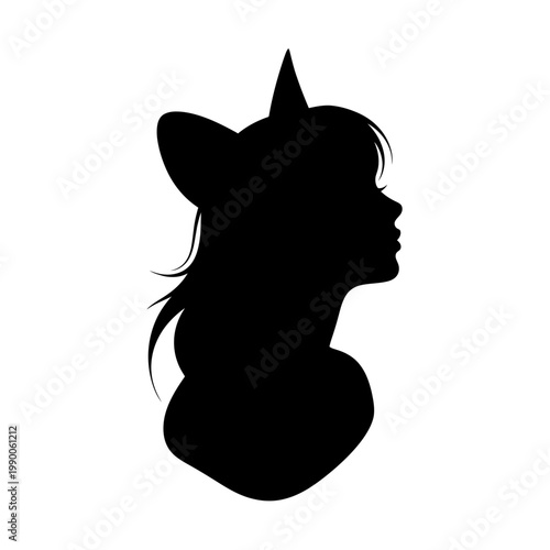 Silhouette of a young woman wearing cat ears headband in profile