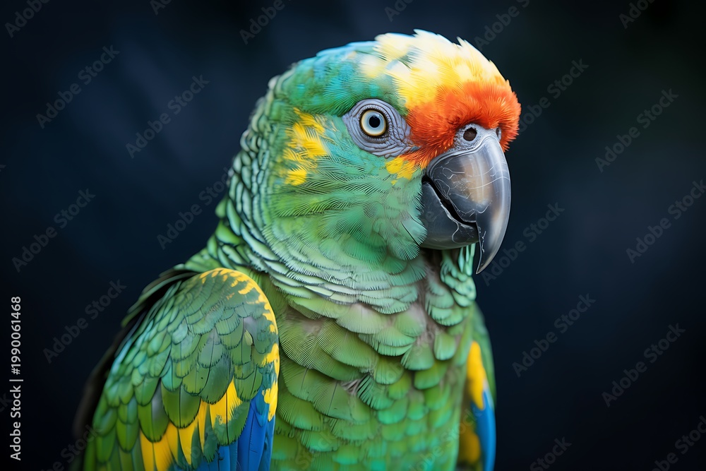 Fototapeta premium Close-Up Portrait of Vibrant Red-Fronted Amazon Parrot, Detailed Feathers against Dark Background, Studio Shot
