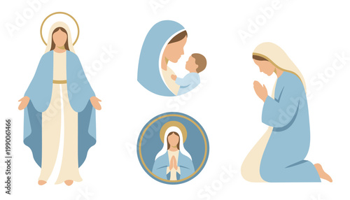 Virgin Mary Vector Flat Pastel Color Illustration Set Featuring Minimalist Faceless Characters Of Mother And Baby Praying Kneeling Poses For Christian And Catholic Religion Graphic