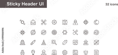 Sticky header UI icon set in minimal outline style for navigation bars fixed menus and web interface layout design systems