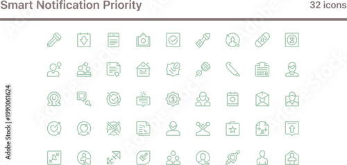 Smart notification priority icon set in minimal outline style for alert management user communication and system interface design