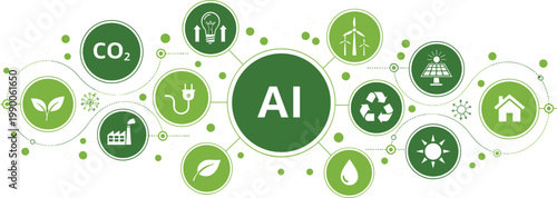 AI and Sustainable Technology Icon Set Featuring CO2 Reduction, Renewable Energy, Green Solutions, and Environmental Innovation