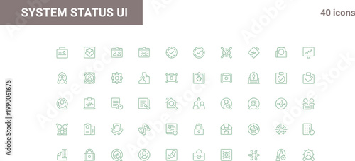 System status UI icon set in minimal outline style for monitoring alerts performance indicators and application interface management design