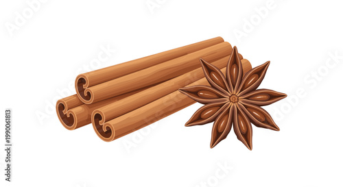 Three cinnamon sticks and one star anise spice isolated on a white background