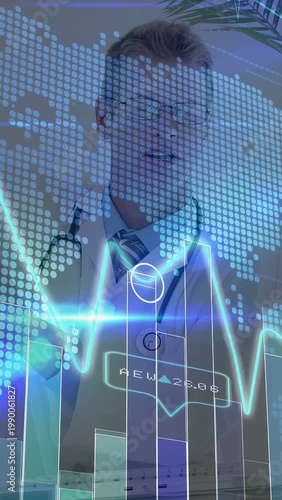 Vertical video: Doctor pointing as medical data appearing, animating ECG, map, bars for diagnosis