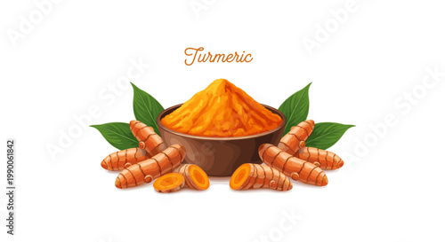 Turmeric powder in a small bowl with fresh roots and green leaves isolated on white background