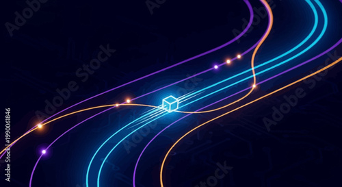 neon glowing lines and cube on dark background