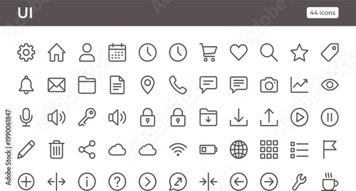 UI Icon Set Outline Style with Interface Controls Communication Media Navigation and Digital Application Elements for Apps and Websites