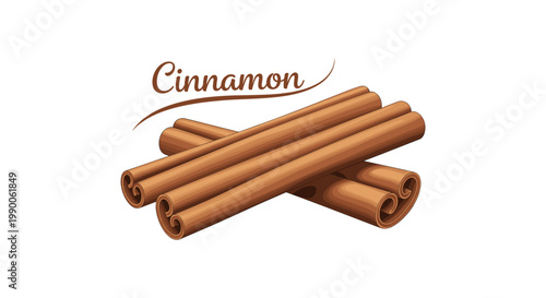 Two crossed cinnamon sticks with decorative script text isolated on white